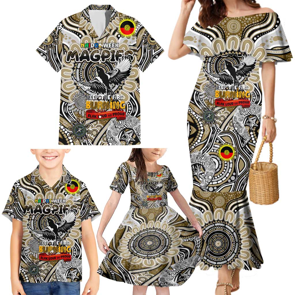 Custom Collingwood Magpies NAIDOC Week 2024 Family Matching Mermaid Dress and Hawaiian Shirt Mascot Football