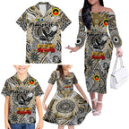 Custom Collingwood Magpies NAIDOC Week 2024 Family Matching Off The Shoulder Long Sleeve Dress and Hawaiian Shirt Mascot Football
