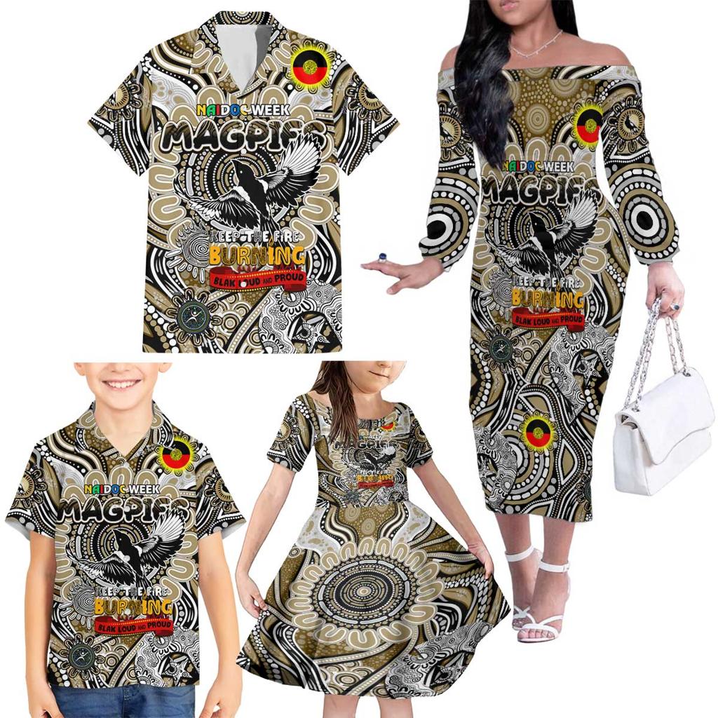 Custom Collingwood Magpies NAIDOC Week 2024 Family Matching Off The Shoulder Long Sleeve Dress and Hawaiian Shirt Mascot Football