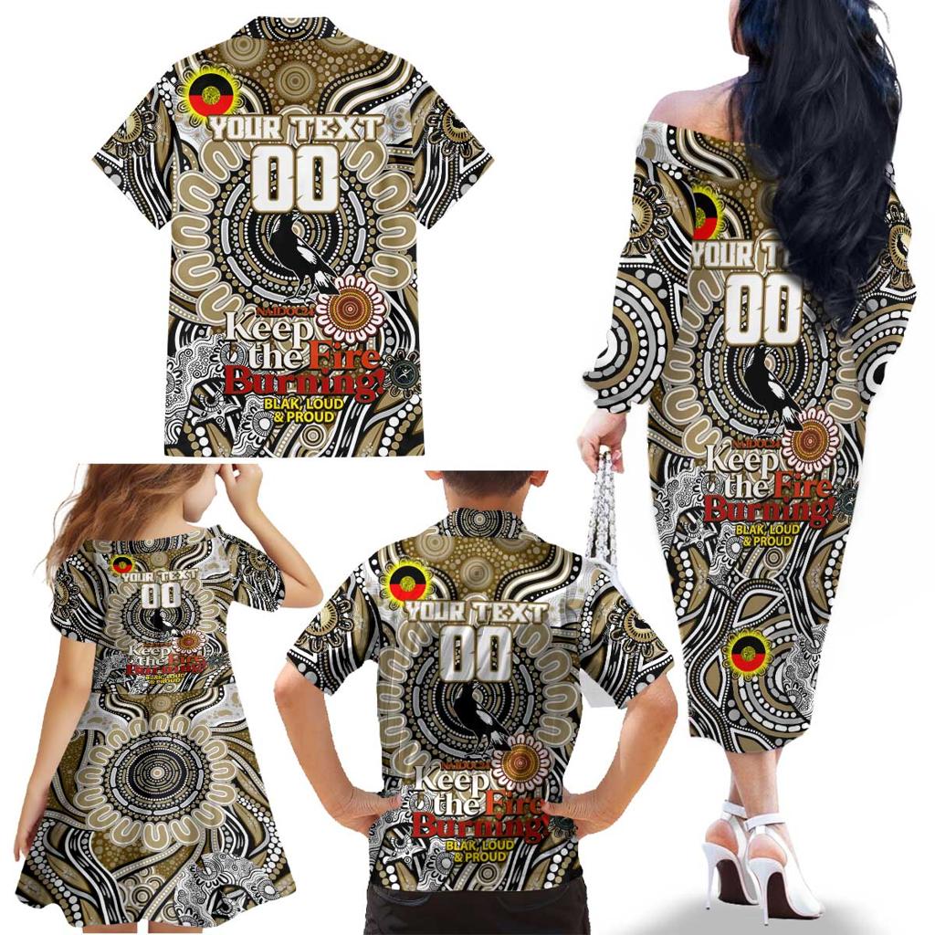 Custom Collingwood Magpies NAIDOC Week 2024 Family Matching Off The Shoulder Long Sleeve Dress and Hawaiian Shirt Mascot Football