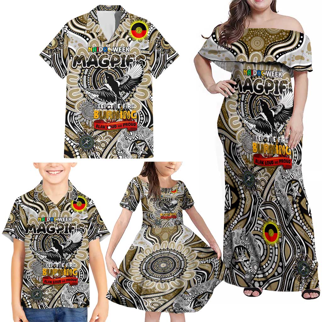 Custom Collingwood Magpies NAIDOC Week 2024 Family Matching Off Shoulder Maxi Dress and Hawaiian Shirt Mascot Football
