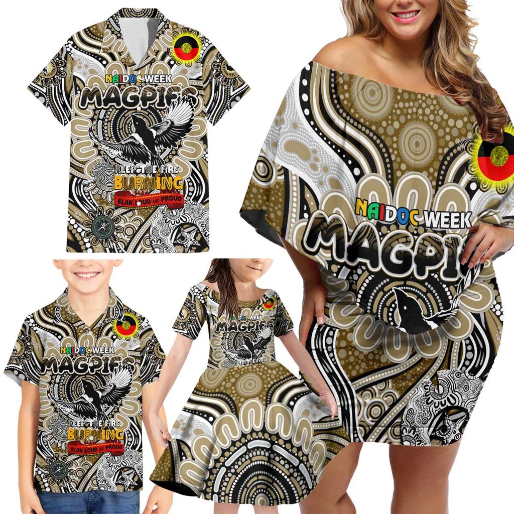 Custom Collingwood Magpies NAIDOC Week 2024 Family Matching Off Shoulder Short Dress and Hawaiian Shirt Mascot Football