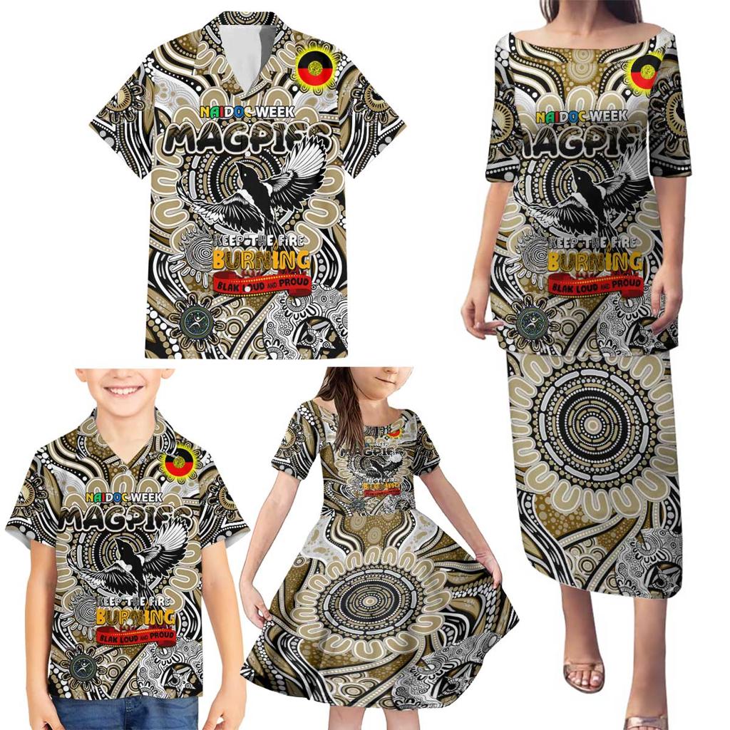 Custom Collingwood Magpies NAIDOC Week 2024 Family Matching Puletasi and Hawaiian Shirt Mascot Football