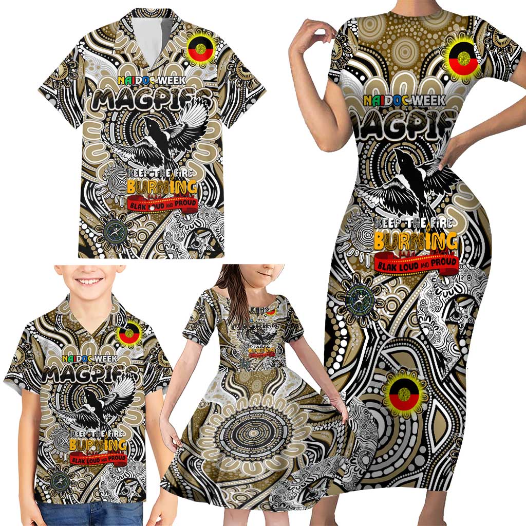 Custom Collingwood Magpies NAIDOC Week 2024 Family Matching Short Sleeve Bodycon Dress and Hawaiian Shirt Mascot Football