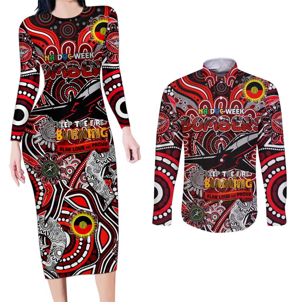 Custom Essendon Bombers NAIDOC Week 2024 Couples Matching Long Sleeve Bodycon Dress and Long Sleeve Button Shirt Mascot Football