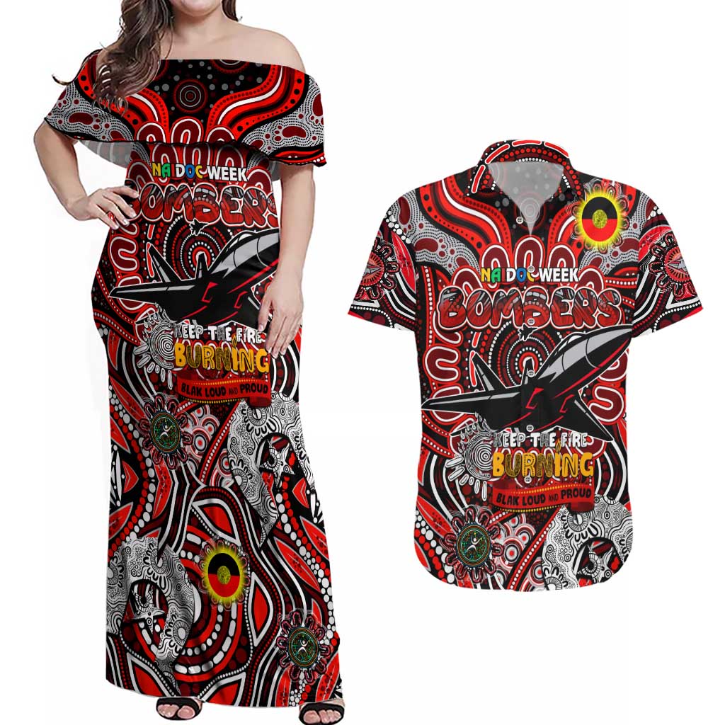 Custom Essendon Bombers NAIDOC Week 2024 Couples Matching Off Shoulder Maxi Dress and Hawaiian Shirt Mascot Football