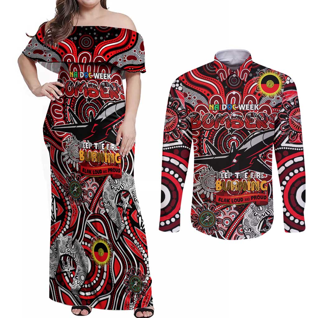 Custom Essendon Bombers NAIDOC Week 2024 Couples Matching Off Shoulder Maxi Dress and Long Sleeve Button Shirt Mascot Football