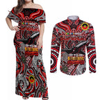 Custom Essendon Bombers NAIDOC Week 2024 Couples Matching Off Shoulder Maxi Dress and Long Sleeve Button Shirt Mascot Football
