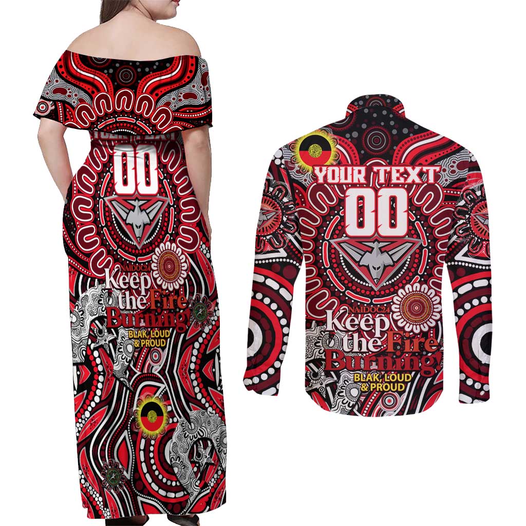 Custom Essendon Bombers NAIDOC Week 2024 Couples Matching Off Shoulder Maxi Dress and Long Sleeve Button Shirt Mascot Football