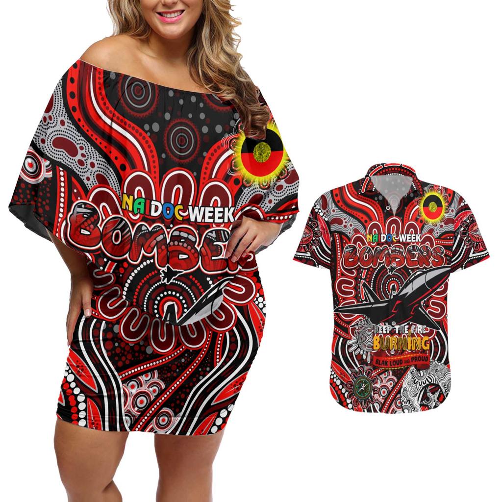 Custom Essendon Bombers NAIDOC Week 2024 Couples Matching Off Shoulder Short Dress and Hawaiian Shirt Mascot Football