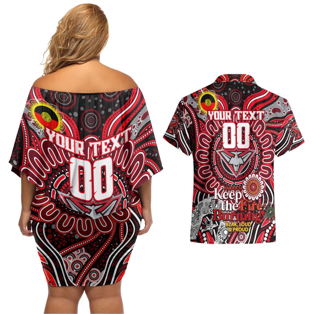 Custom Essendon Bombers NAIDOC Week 2024 Couples Matching Off Shoulder Short Dress and Hawaiian Shirt Mascot Football
