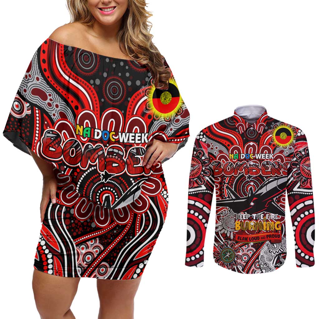 Custom Essendon Bombers NAIDOC Week 2024 Couples Matching Off Shoulder Short Dress and Long Sleeve Button Shirt Mascot Football
