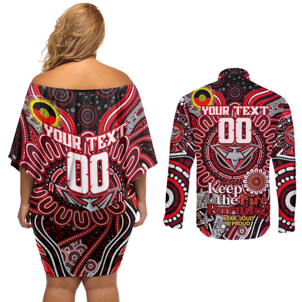 Custom Essendon Bombers NAIDOC Week 2024 Couples Matching Off Shoulder Short Dress and Long Sleeve Button Shirt Mascot Football
