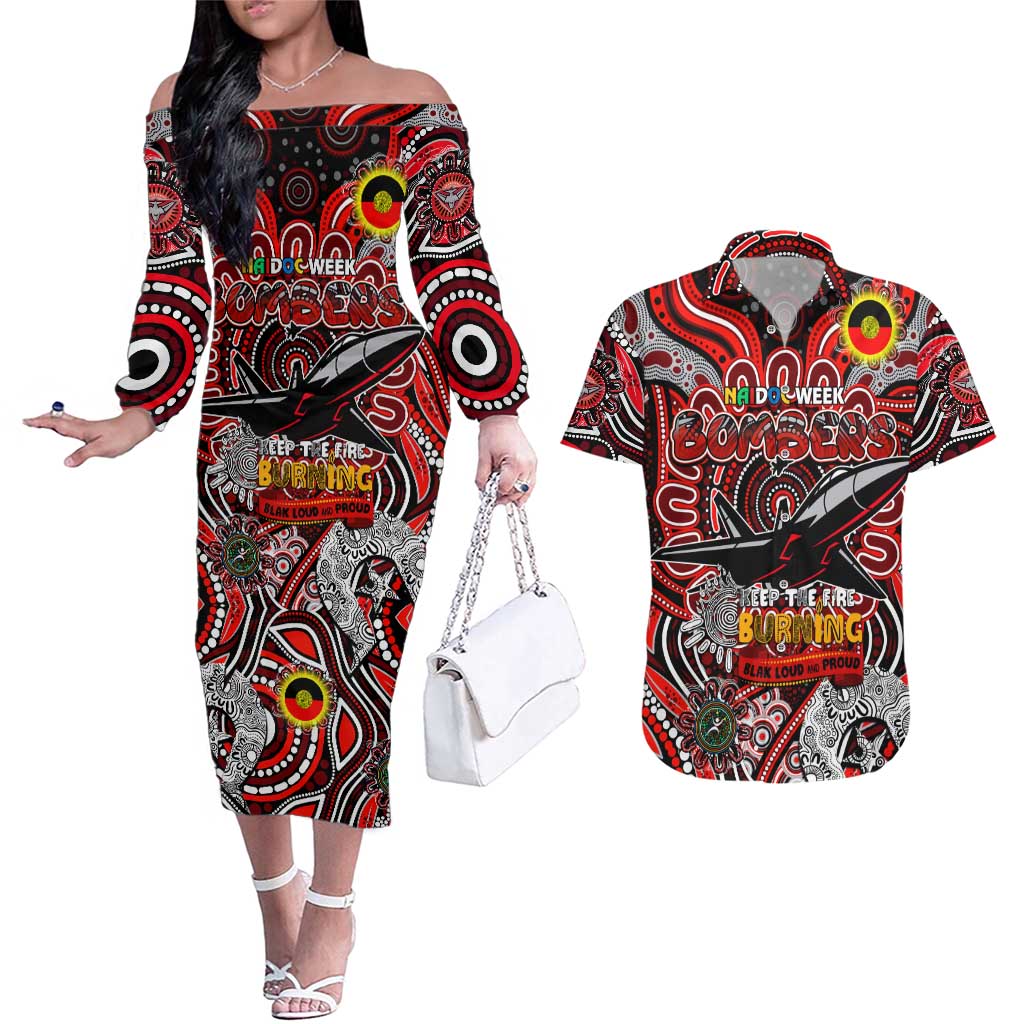 Custom Essendon Bombers NAIDOC Week 2024 Couples Matching Off The Shoulder Long Sleeve Dress and Hawaiian Shirt Mascot Football