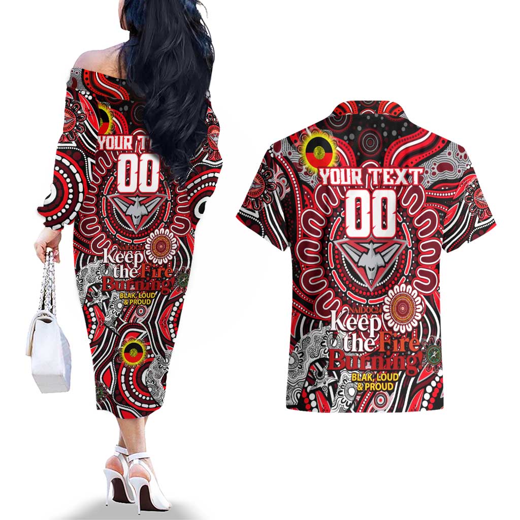 Custom Essendon Bombers NAIDOC Week 2024 Couples Matching Off The Shoulder Long Sleeve Dress and Hawaiian Shirt Mascot Football