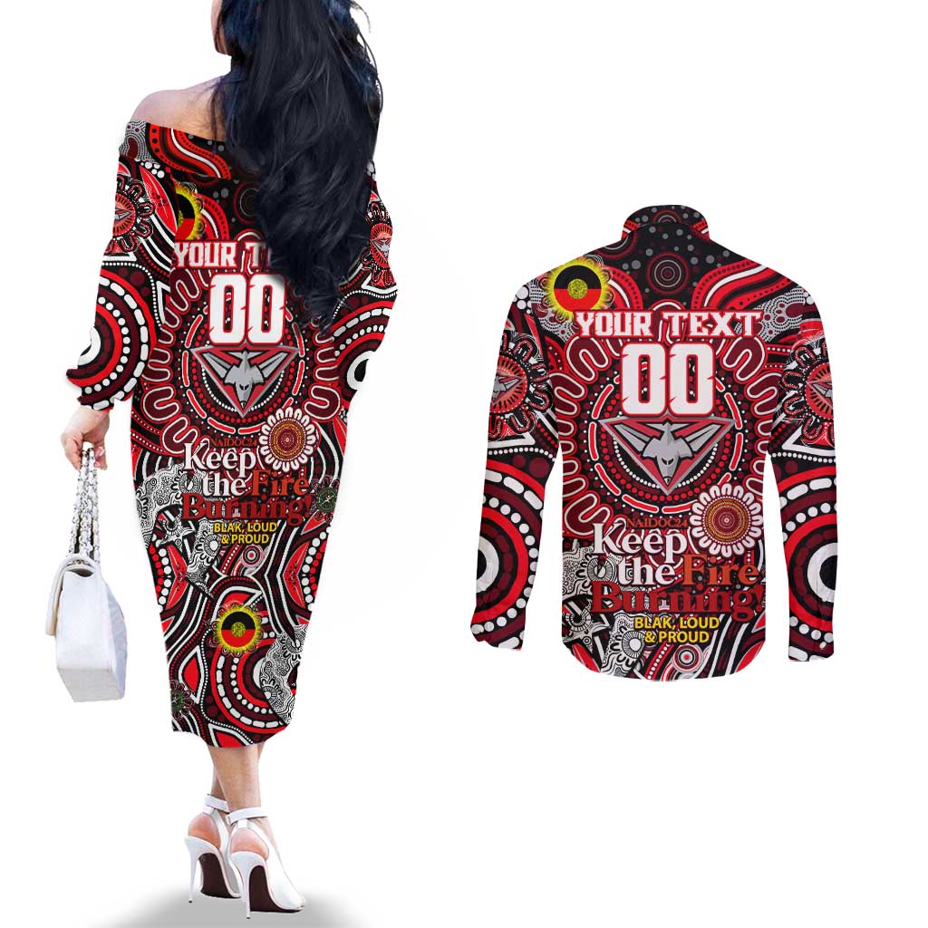 Custom Essendon Bombers NAIDOC Week 2024 Couples Matching Off The Shoulder Long Sleeve Dress and Long Sleeve Button Shirt Mascot Football
