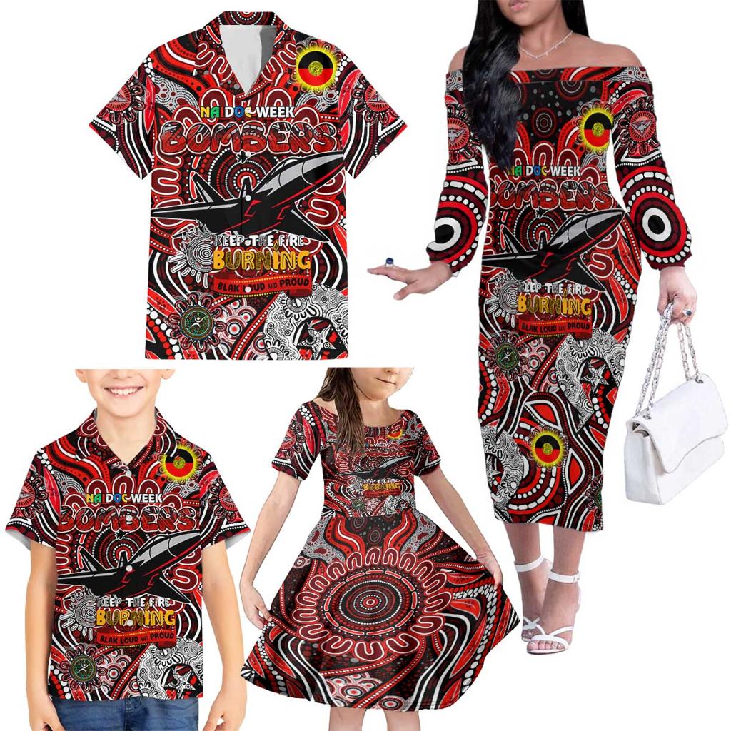 Custom Essendon Bombers NAIDOC Week 2024 Family Matching Off The Shoulder Long Sleeve Dress and Hawaiian Shirt Mascot Football