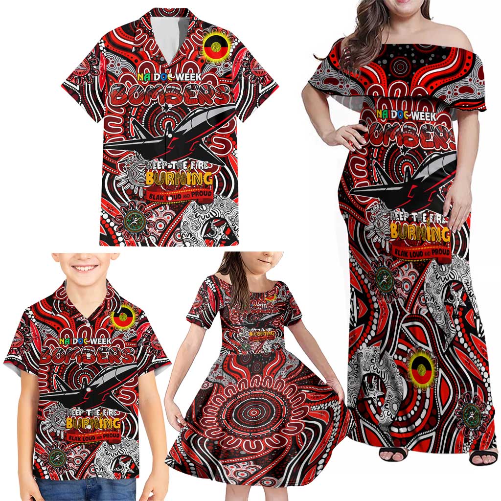 Custom Essendon Bombers NAIDOC Week 2024 Family Matching Off Shoulder Maxi Dress and Hawaiian Shirt Mascot Football