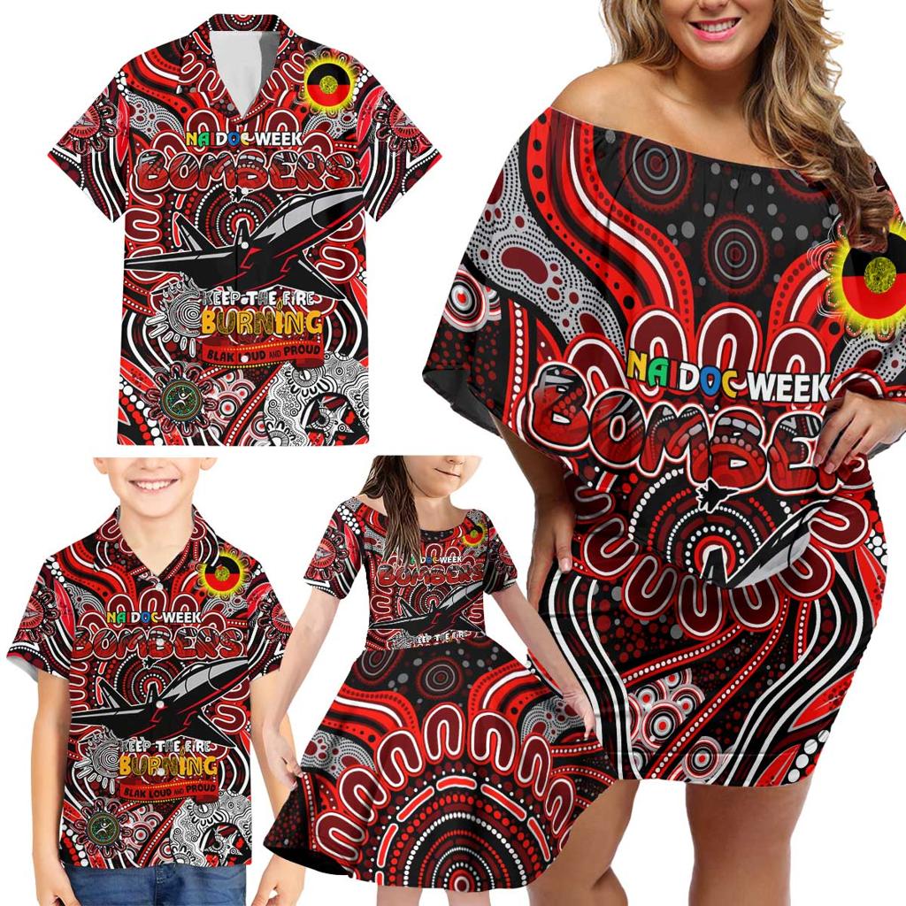 Custom Essendon Bombers NAIDOC Week 2024 Family Matching Off Shoulder Short Dress and Hawaiian Shirt Mascot Football