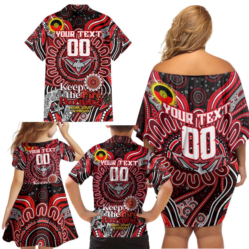 Custom Essendon Bombers NAIDOC Week 2024 Family Matching Off Shoulder Short Dress and Hawaiian Shirt Mascot Football
