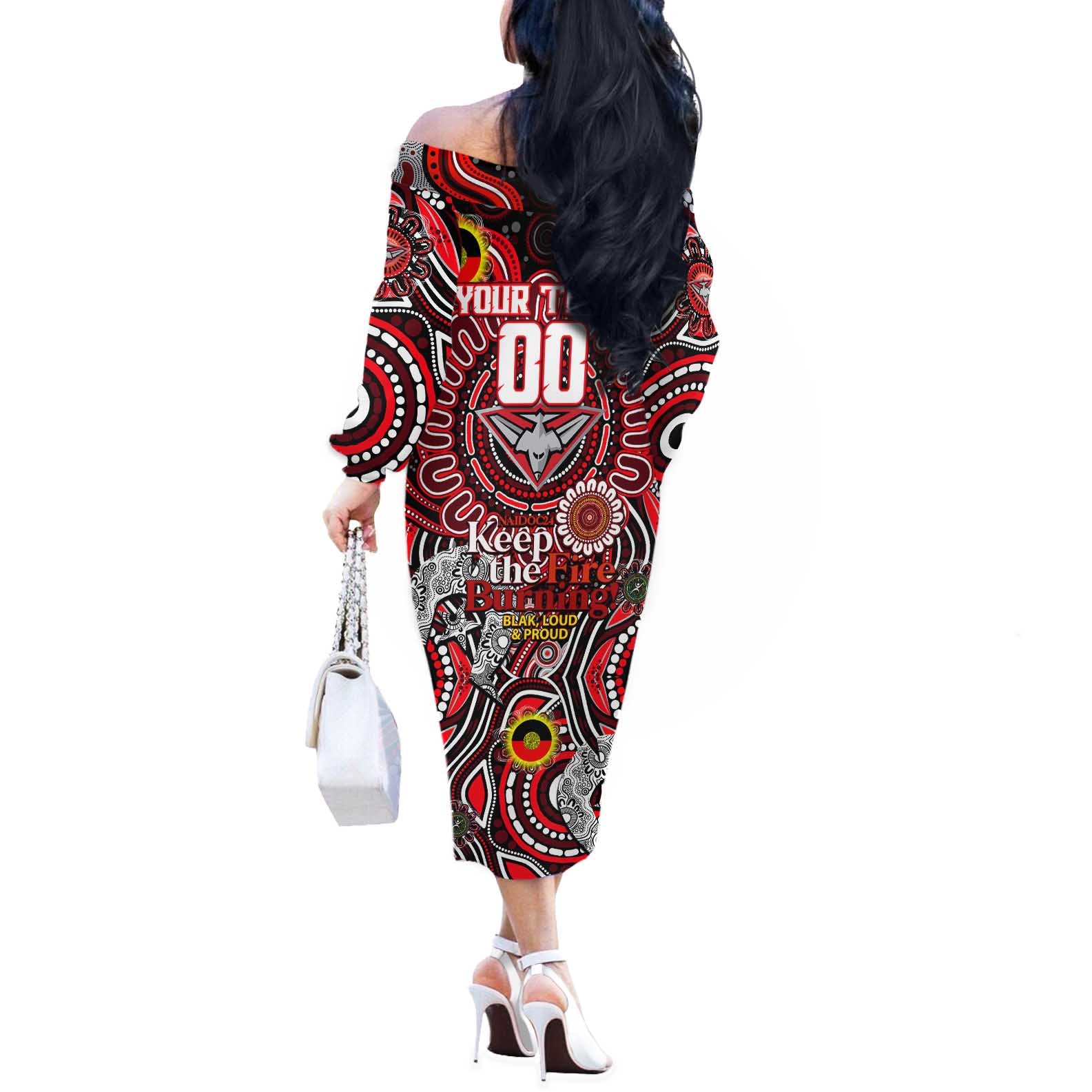 Custom Essendon Bombers NAIDOC Week 2024 Off The Shoulder Long Sleeve Dress Mascot Football