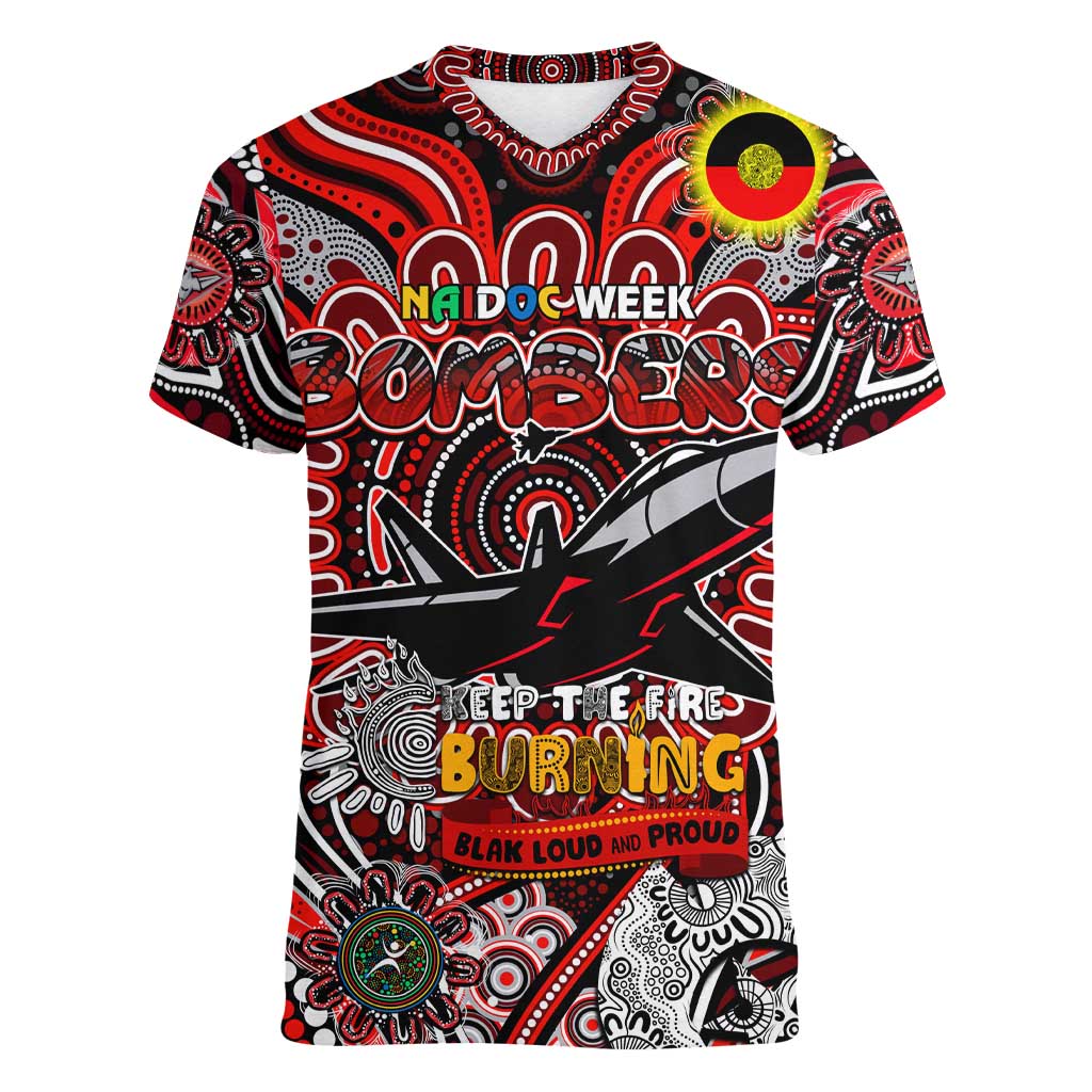Custom Essendon Bombers NAIDOC Week 2024 Women V-Neck T-Shirt Mascot Football