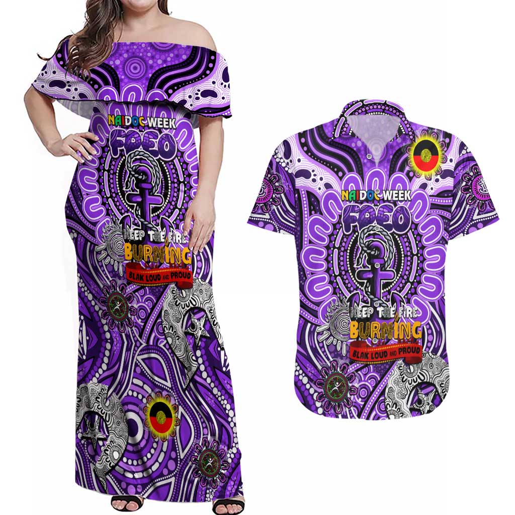 Custom Fremantle Dockers Freo NAIDOC Week 2024 Couples Matching Off Shoulder Maxi Dress and Hawaiian Shirt Mascot Football