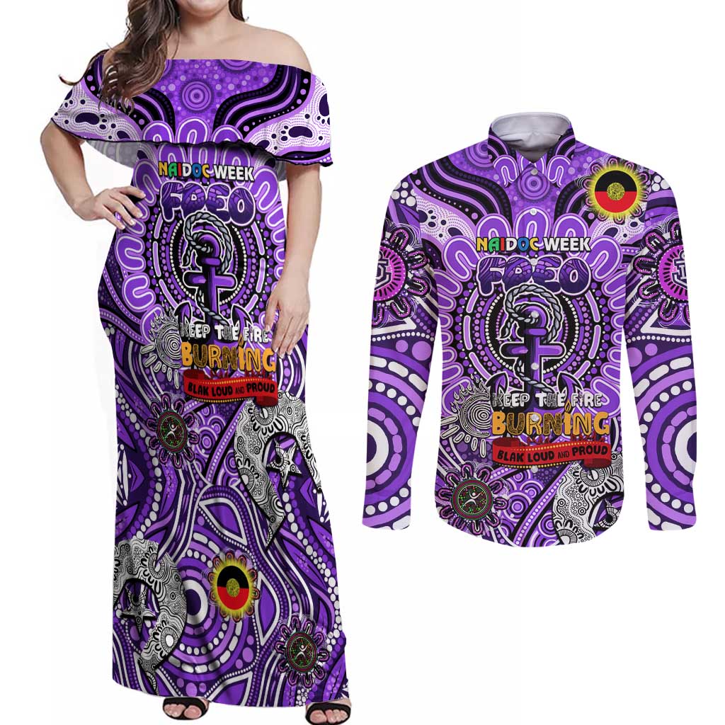 Custom Fremantle Dockers Freo NAIDOC Week 2024 Couples Matching Off Shoulder Maxi Dress and Long Sleeve Button Shirt Mascot Football