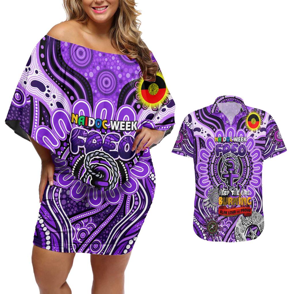 Custom Fremantle Dockers Freo NAIDOC Week 2024 Couples Matching Off Shoulder Short Dress and Hawaiian Shirt Mascot Football
