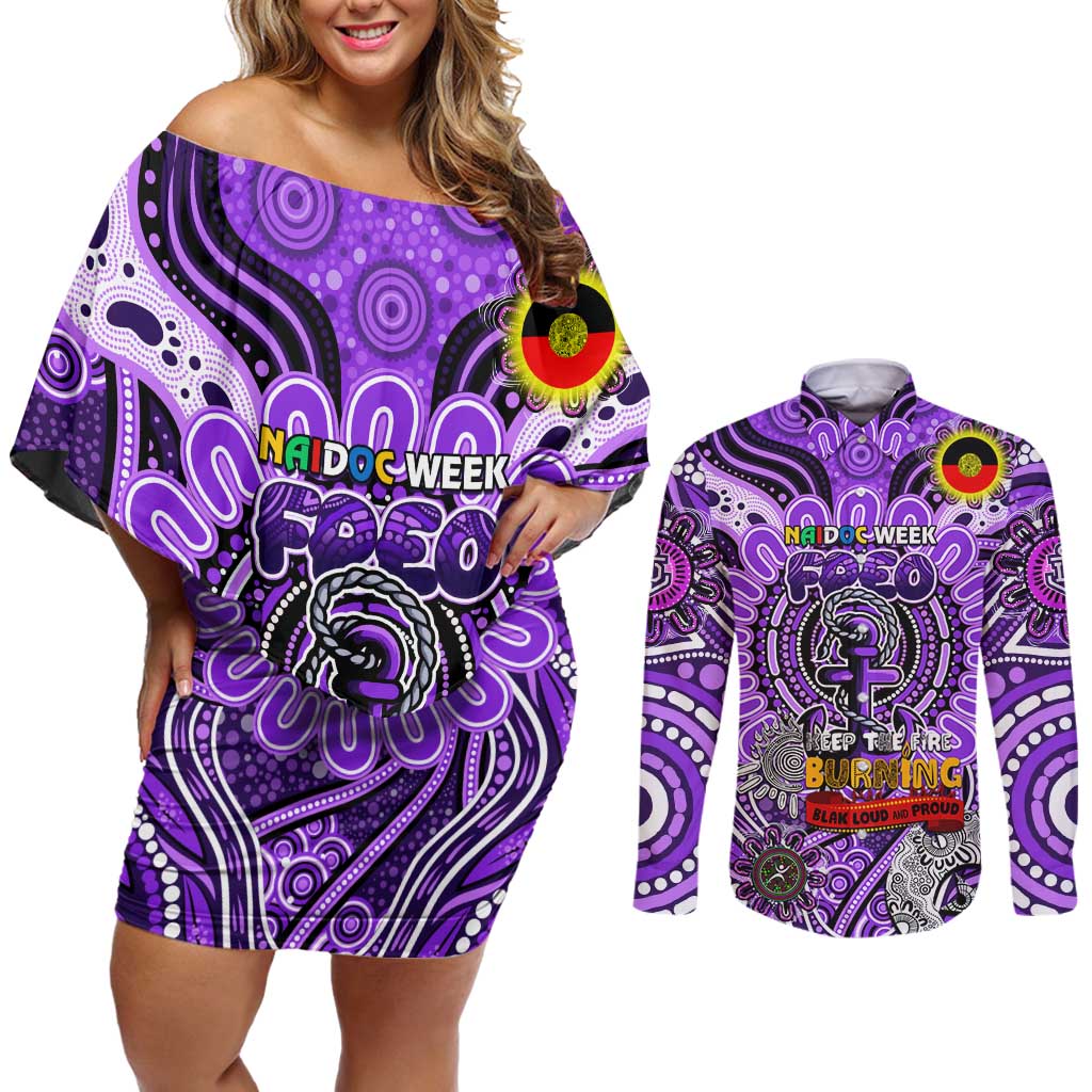 Custom Fremantle Dockers Freo NAIDOC Week 2024 Couples Matching Off Shoulder Short Dress and Long Sleeve Button Shirt Mascot Football