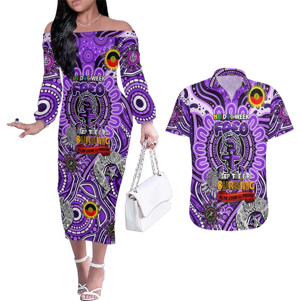Custom Fremantle Dockers Freo NAIDOC Week 2024 Couples Matching Off The Shoulder Long Sleeve Dress and Hawaiian Shirt Mascot Football
