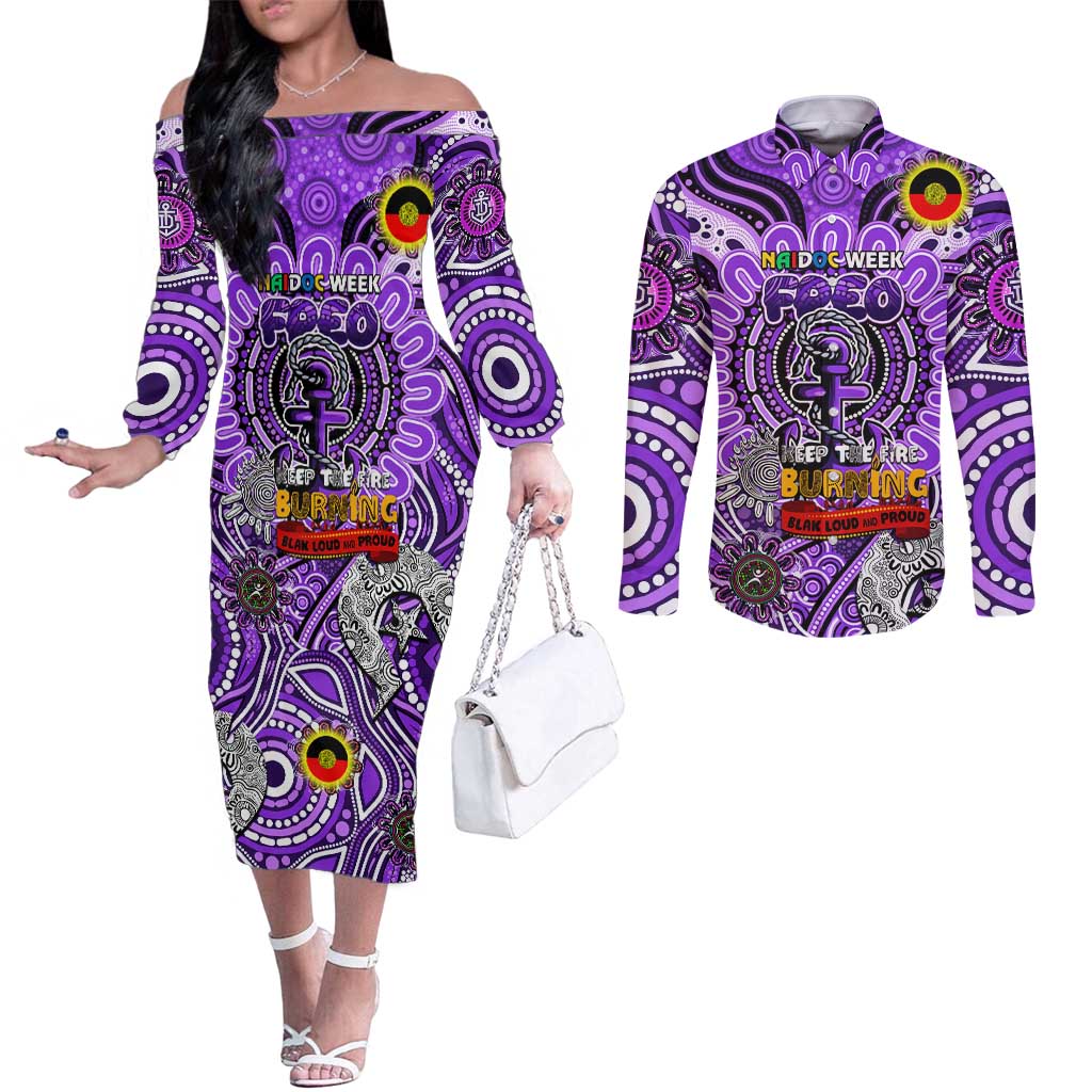 Custom Fremantle Dockers Freo NAIDOC Week 2024 Couples Matching Off The Shoulder Long Sleeve Dress and Long Sleeve Button Shirt Mascot Football