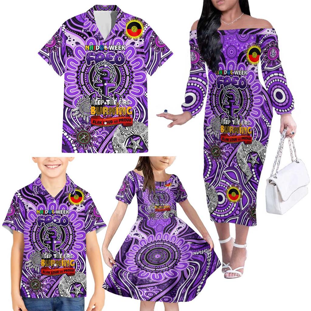 Custom Fremantle Dockers Freo NAIDOC Week 2024 Family Matching Off The Shoulder Long Sleeve Dress and Hawaiian Shirt Mascot Football