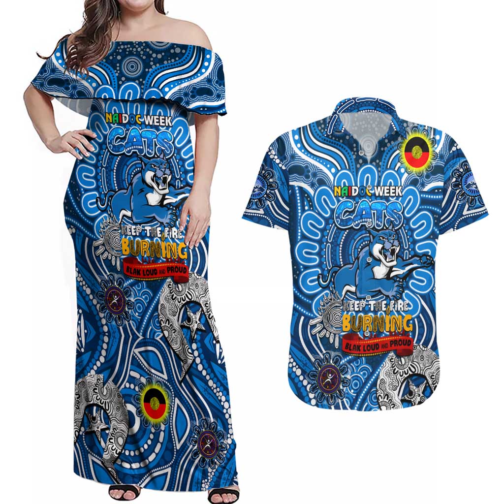 Custom Geelong Cats NAIDOC Week 2024 Couples Matching Off Shoulder Maxi Dress and Hawaiian Shirt Mascot Football