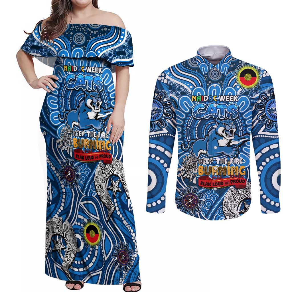 Custom Geelong Cats NAIDOC Week 2024 Couples Matching Off Shoulder Maxi Dress and Long Sleeve Button Shirt Mascot Football