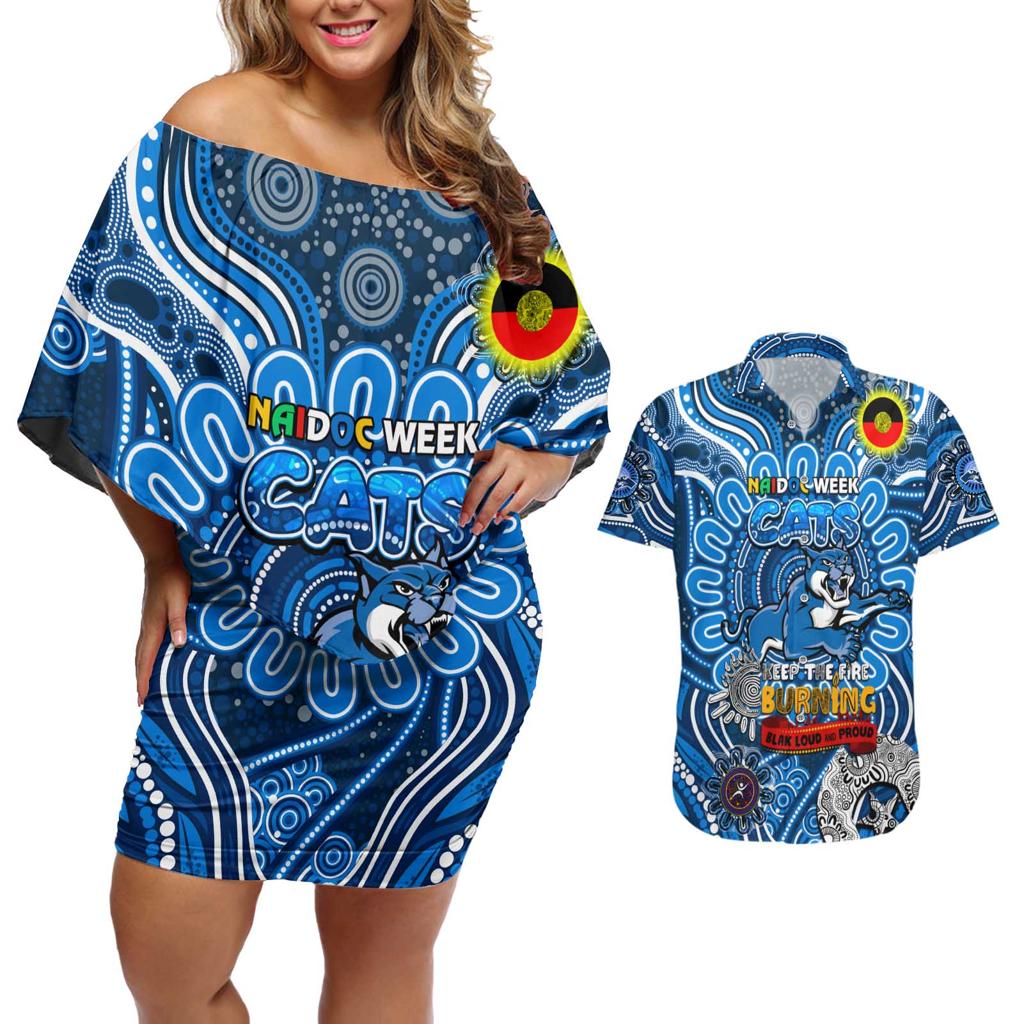 Custom Geelong Cats NAIDOC Week 2024 Couples Matching Off Shoulder Short Dress and Hawaiian Shirt Mascot Football