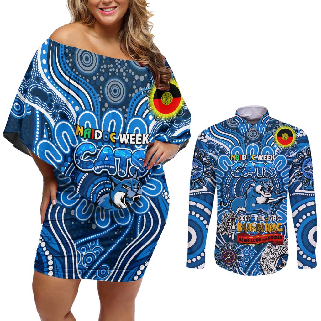 Custom Geelong Cats NAIDOC Week 2024 Couples Matching Off Shoulder Short Dress and Long Sleeve Button Shirt Mascot Football