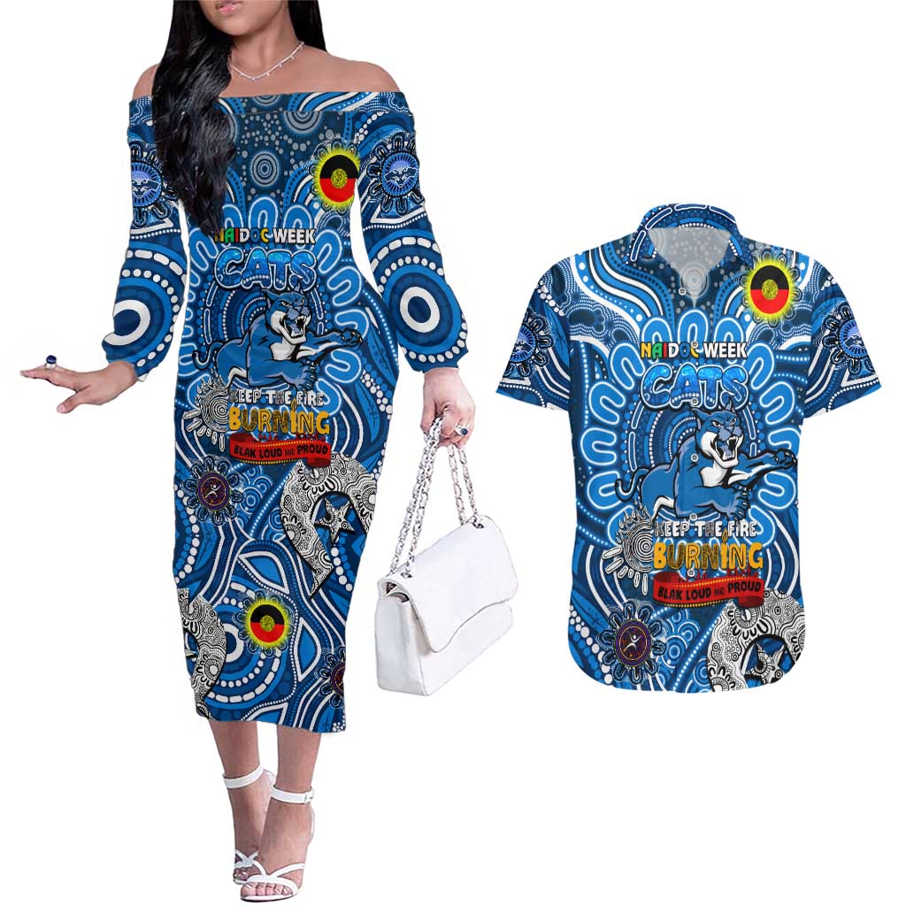 Custom Geelong Cats NAIDOC Week 2024 Couples Matching Off The Shoulder Long Sleeve Dress and Hawaiian Shirt Mascot Football