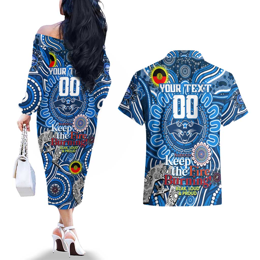 Custom Geelong Cats NAIDOC Week 2024 Couples Matching Off The Shoulder Long Sleeve Dress and Hawaiian Shirt Mascot Football