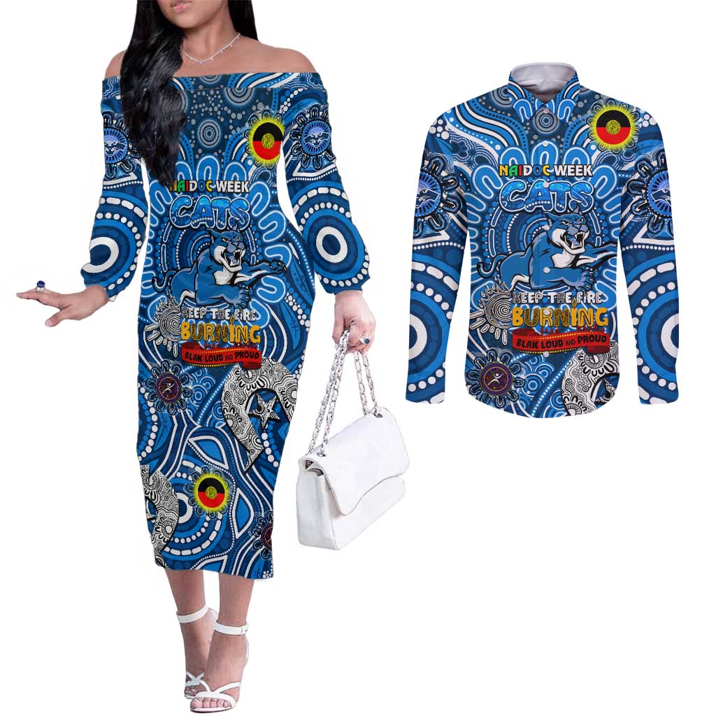Custom Geelong Cats NAIDOC Week 2024 Couples Matching Off The Shoulder Long Sleeve Dress and Long Sleeve Button Shirt Mascot Football