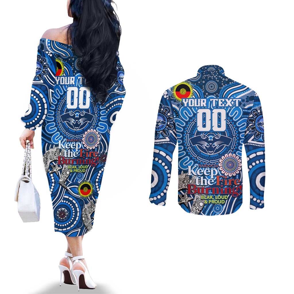 Custom Geelong Cats NAIDOC Week 2024 Couples Matching Off The Shoulder Long Sleeve Dress and Long Sleeve Button Shirt Mascot Football