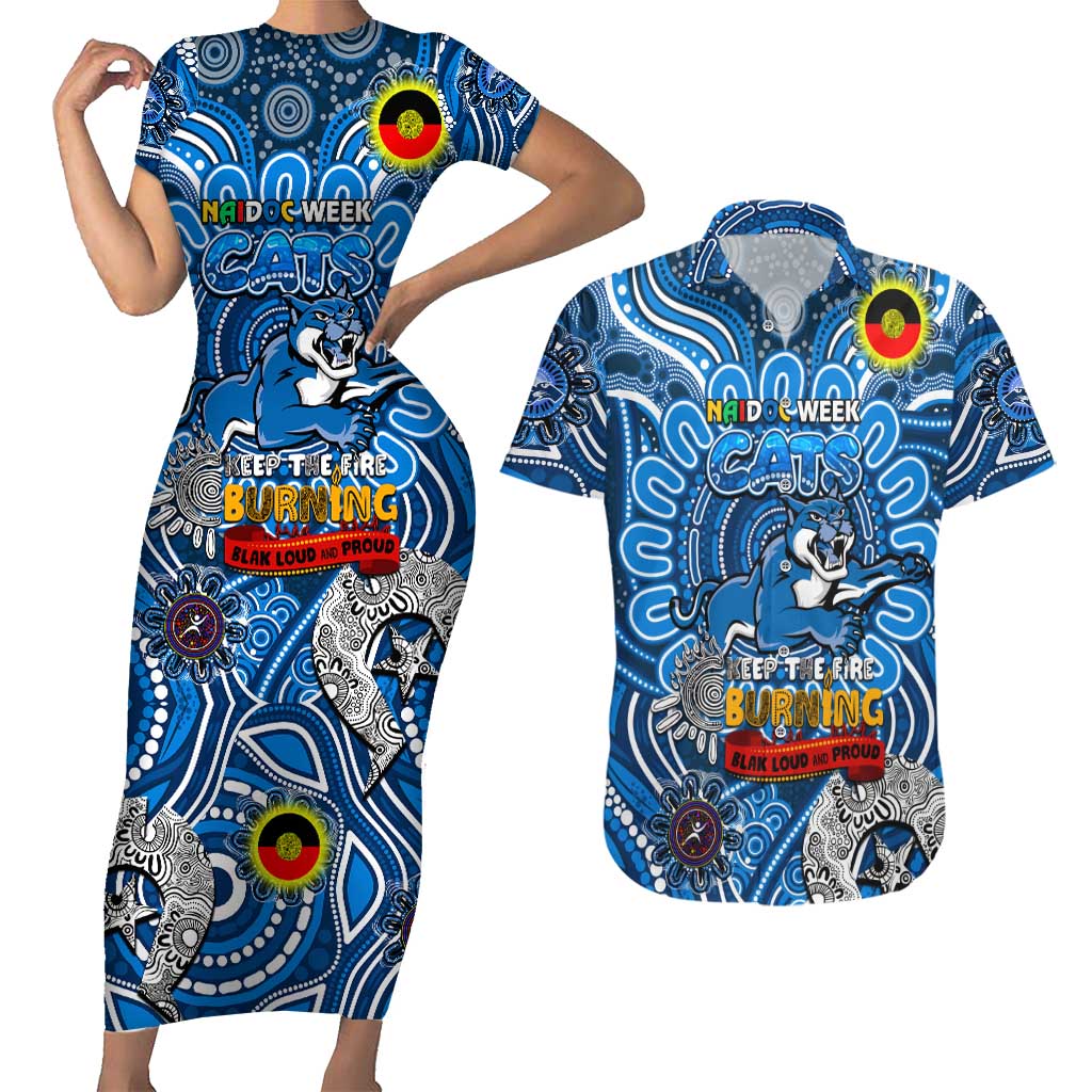 Custom Geelong Cats NAIDOC Week 2024 Couples Matching Short Sleeve Bodycon Dress and Hawaiian Shirt Mascot Football