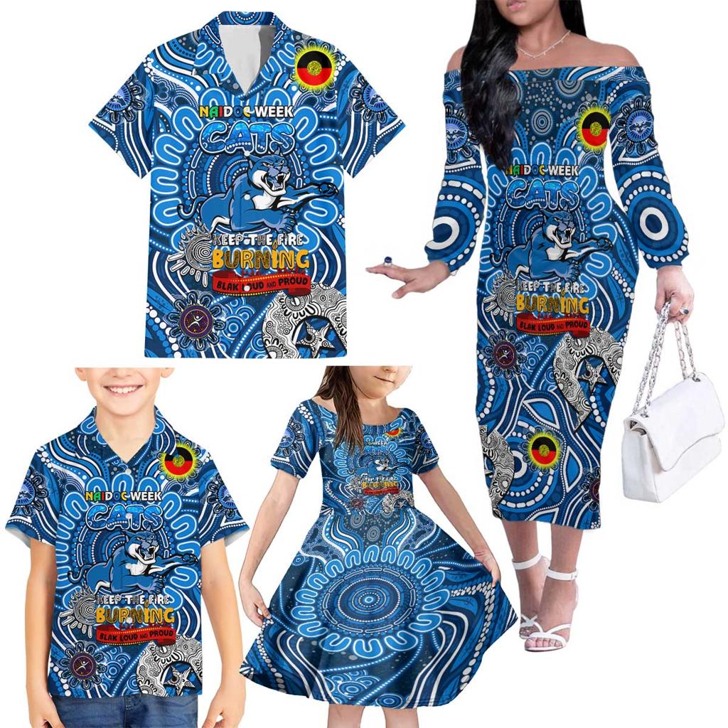 Custom Geelong Cats NAIDOC Week 2024 Family Matching Off The Shoulder Long Sleeve Dress and Hawaiian Shirt Mascot Football