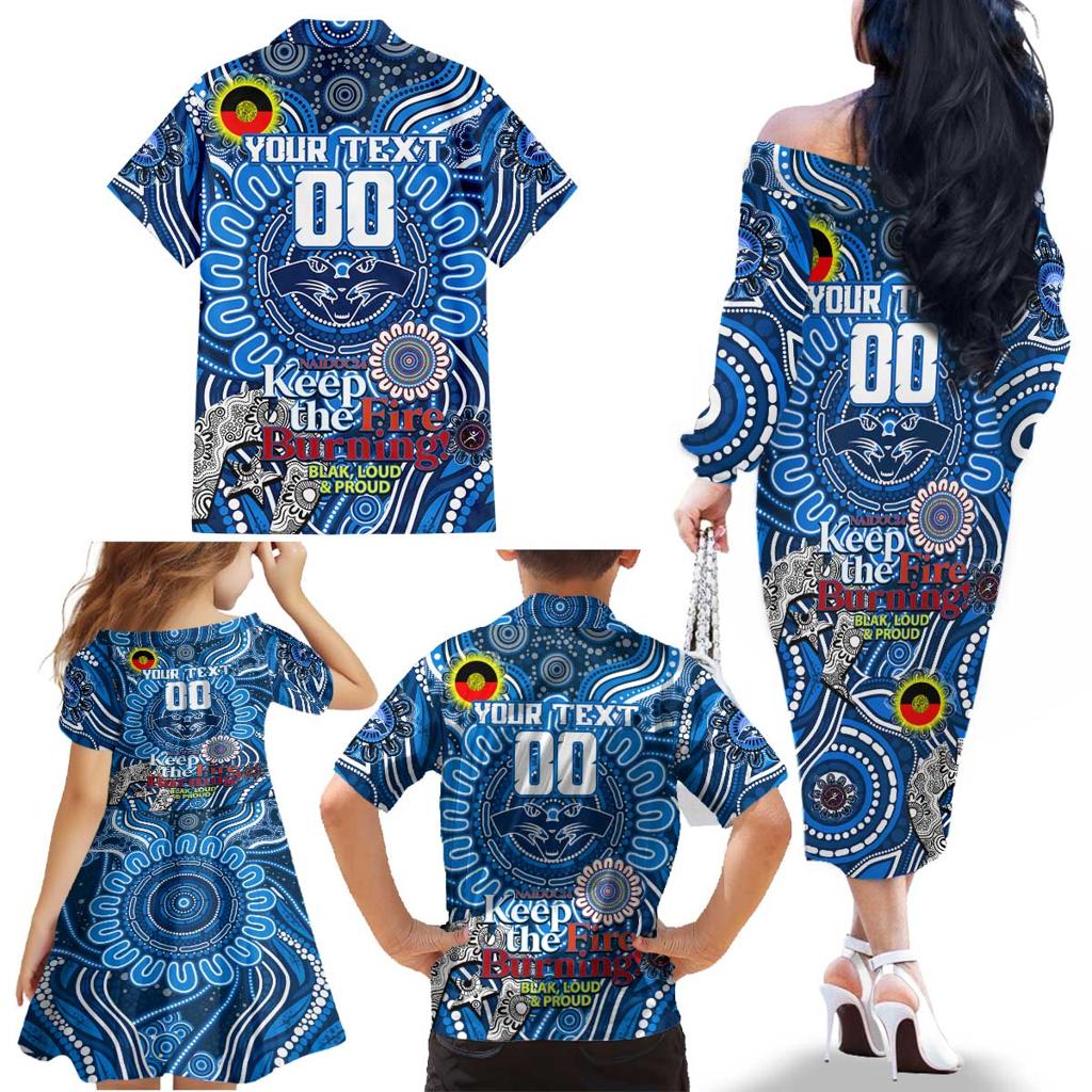 Custom Geelong Cats NAIDOC Week 2024 Family Matching Off The Shoulder Long Sleeve Dress and Hawaiian Shirt Mascot Football