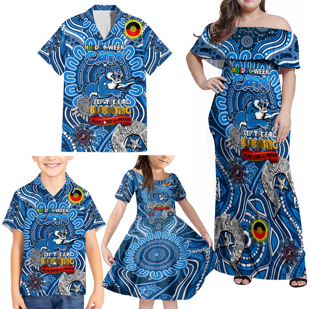 Custom Geelong Cats NAIDOC Week 2024 Family Matching Off Shoulder Maxi Dress and Hawaiian Shirt Mascot Football