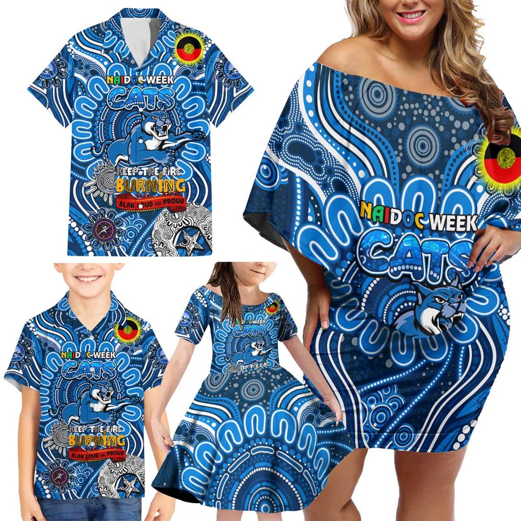 Custom Geelong Cats NAIDOC Week 2024 Family Matching Off Shoulder Short Dress and Hawaiian Shirt Mascot Football