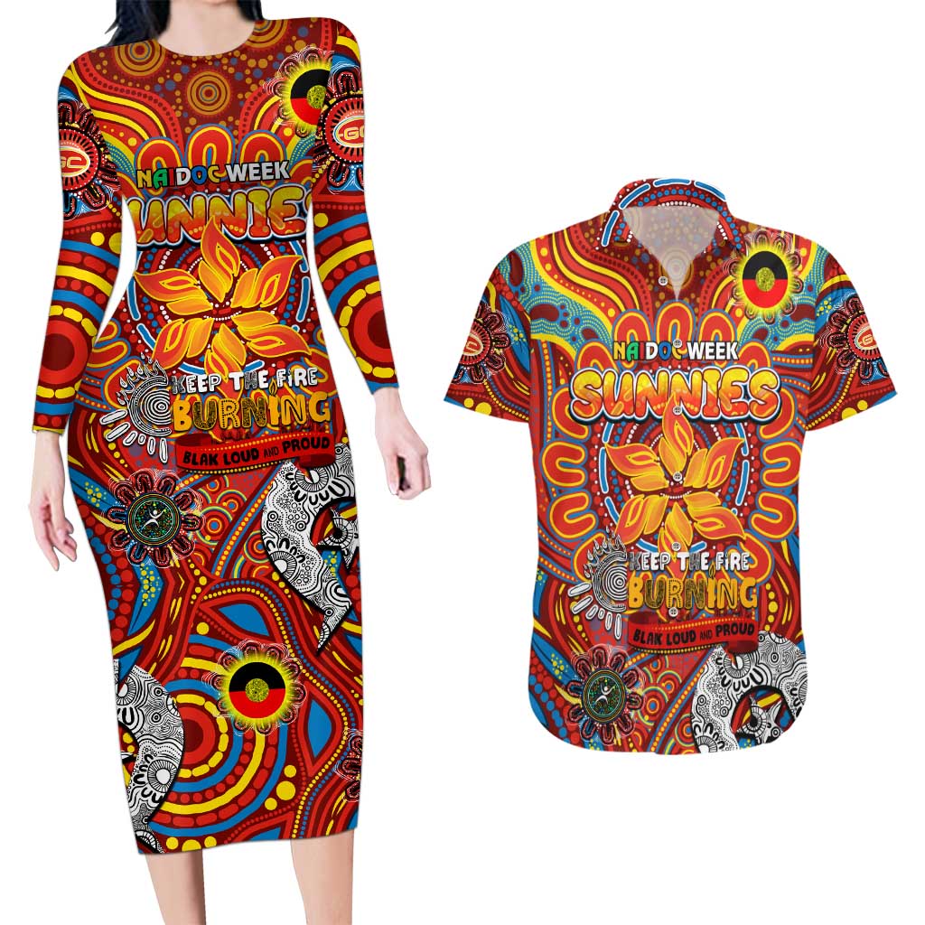 Custom Gold Coast Suns NAIDOC Week 2024 Couples Matching Long Sleeve Bodycon Dress and Hawaiian Shirt Mascot Football