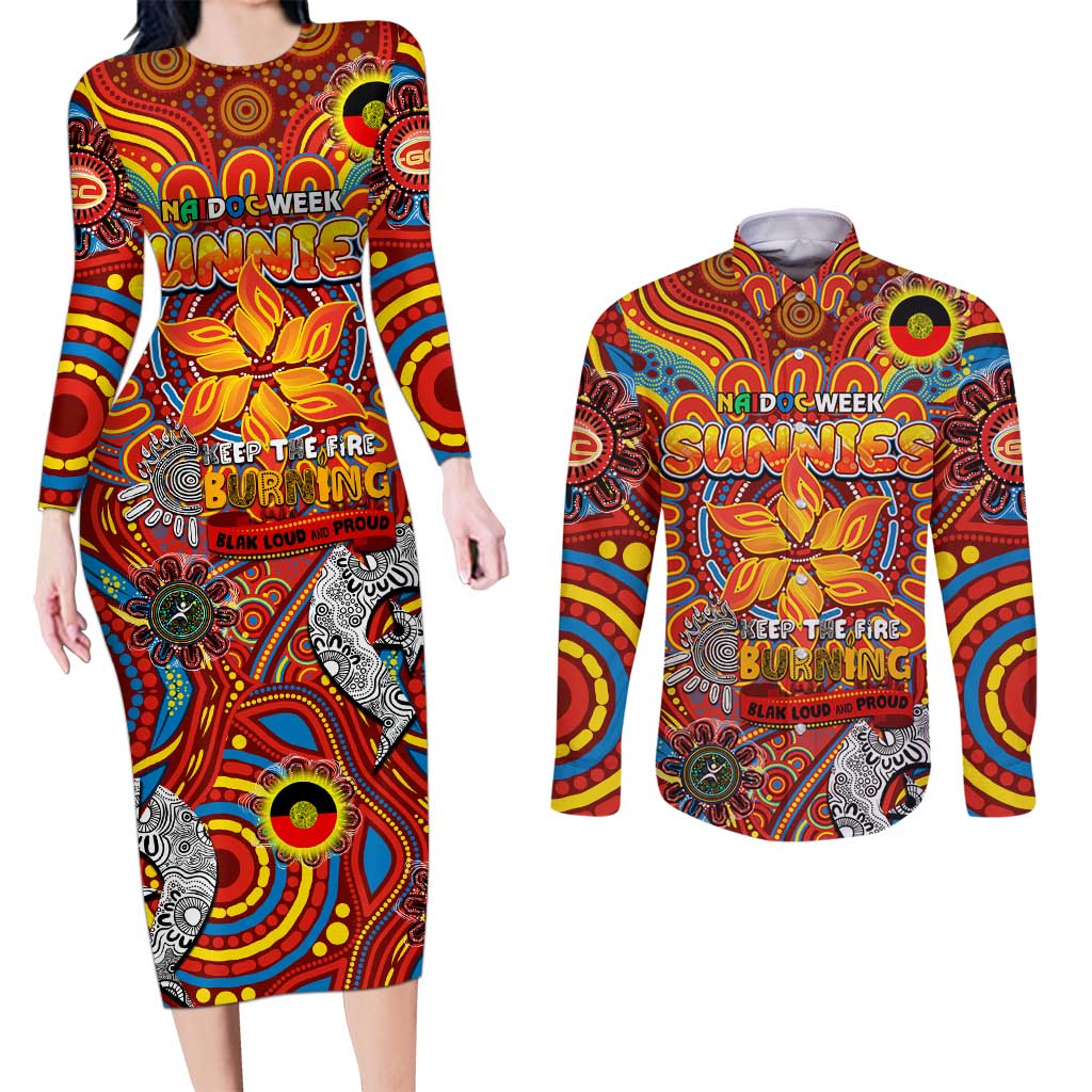 Custom Gold Coast Suns NAIDOC Week 2024 Couples Matching Long Sleeve Bodycon Dress and Long Sleeve Button Shirt Mascot Football