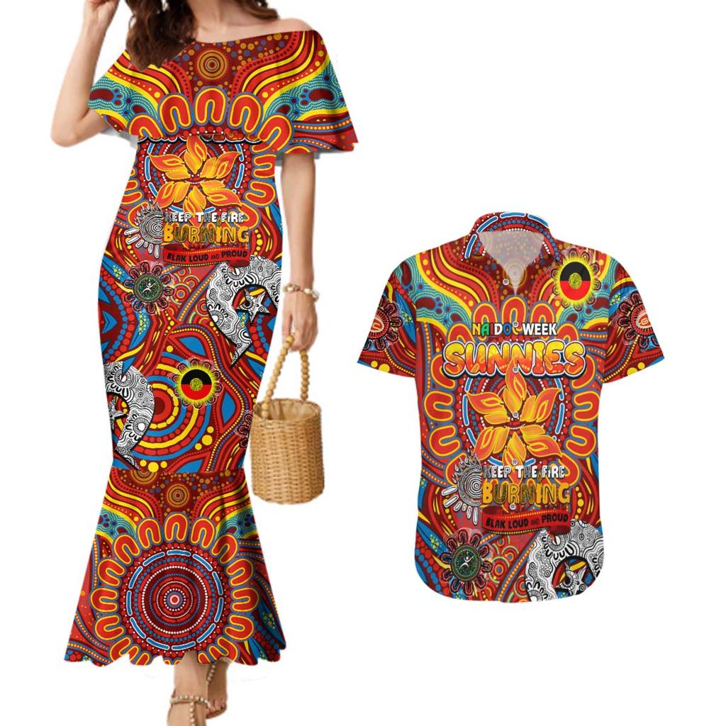Custom Gold Coast Suns NAIDOC Week 2024 Couples Matching Mermaid Dress and Hawaiian Shirt Mascot Football