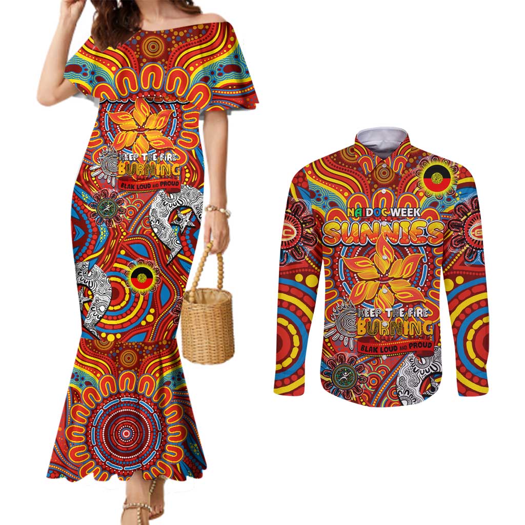 Custom Gold Coast Suns NAIDOC Week 2024 Couples Matching Mermaid Dress and Long Sleeve Button Shirt Mascot Football